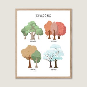 Póster educativo de las cuatro estaciones, póster de las estaciones, gráfico de las estaciones, decoración de pared para niños, impresión educativa, guardería Montessori, decoración de la escuela en casa