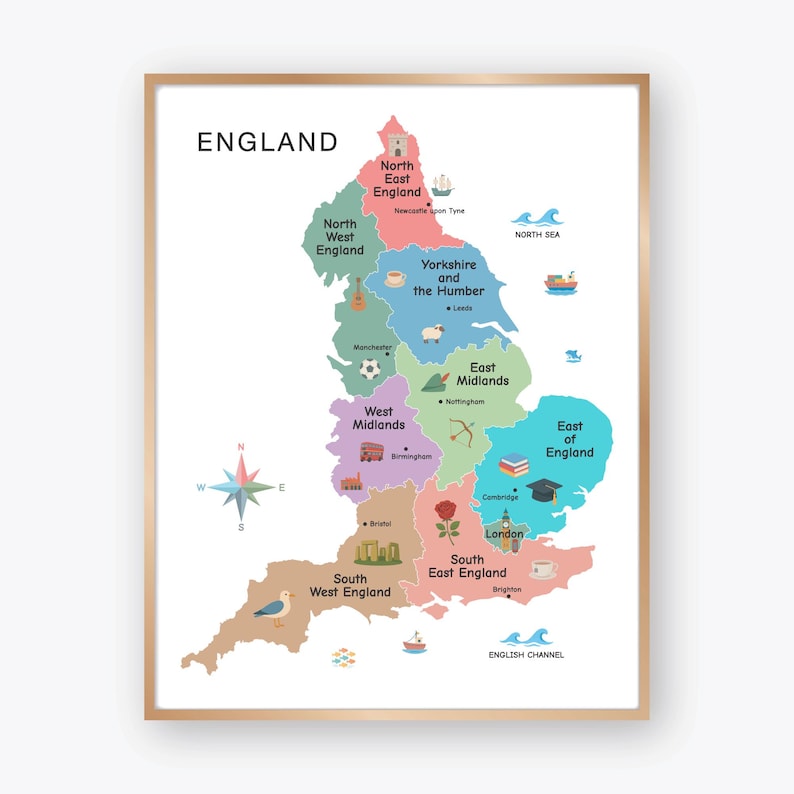 England Illustrated Map for Kids With Regions and Cities, UK Geography