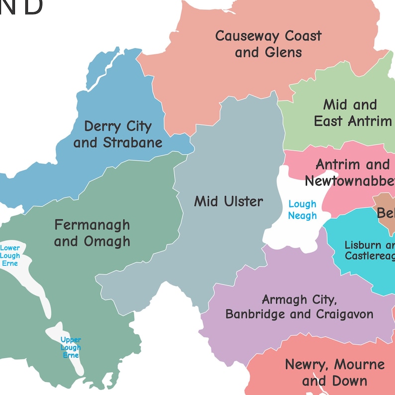 Label Strabane Northern Ireland Map With Districts, UK Geography Poster for Kids ...
