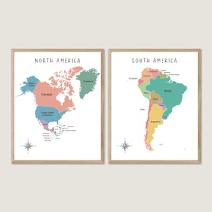 Mapa de América del Norte y del Sur a todo color con estados, póster de viaje de América, póster educativo de mapa de pared digital