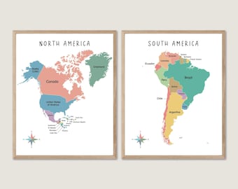 North & South America Map full color with states, Travel poster America, Digital wall Map Educational Posters