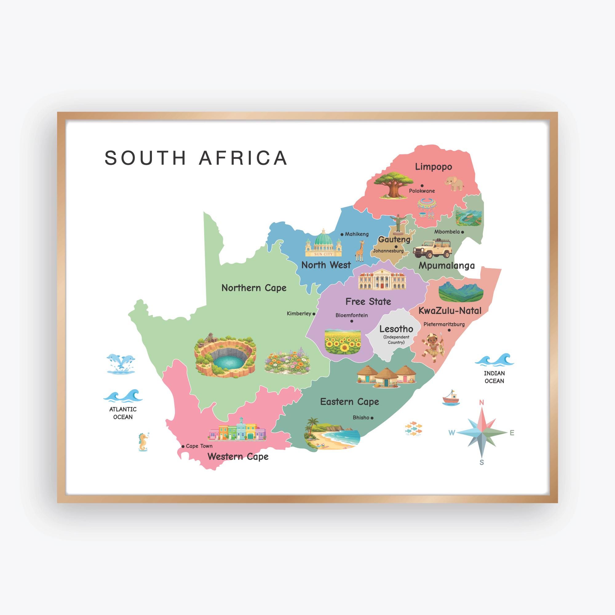 South Africa Map for Kids With Provinces and Capitals, Illustrated