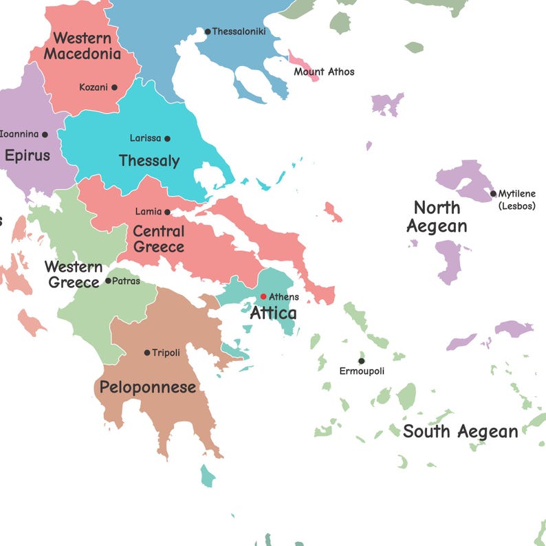 Greece Map Poster With Administrative Regions and Cities, Detailed ...