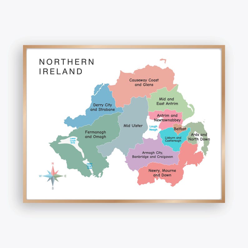 Label Strabane Northern Ireland Map With Districts, UK Geography Poster for Kids ...