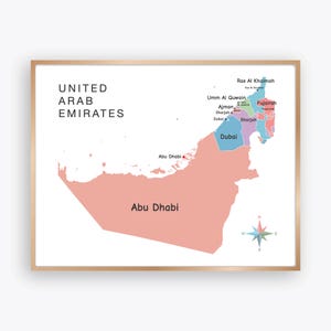 May include: A framed map of the United Arab Emirates, with each emirate color-coded. The map includes the names of the emirates, such as Abu Dhabi and Dubai, and a compass rose. The words "United Arab Emirates" are at the top.