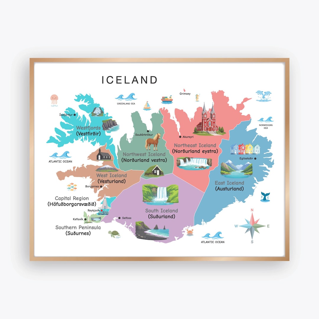 Iceland Illustrated Map Poster With Regions and Landmarks, Colorful ...