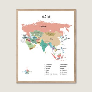 Asien Karte Poster, Digitale Asien Karte vollfarbig mit Staaten druckbares Poster, Karte der Welt Wandkunst, Asien Wandkunst, Kinder Weltkarte