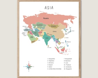 Asia Map Poster, Digital Asia Map full color with Countries Printable Poster, Map of The World Wall Art, Asia Wall Art, Kids World Map
