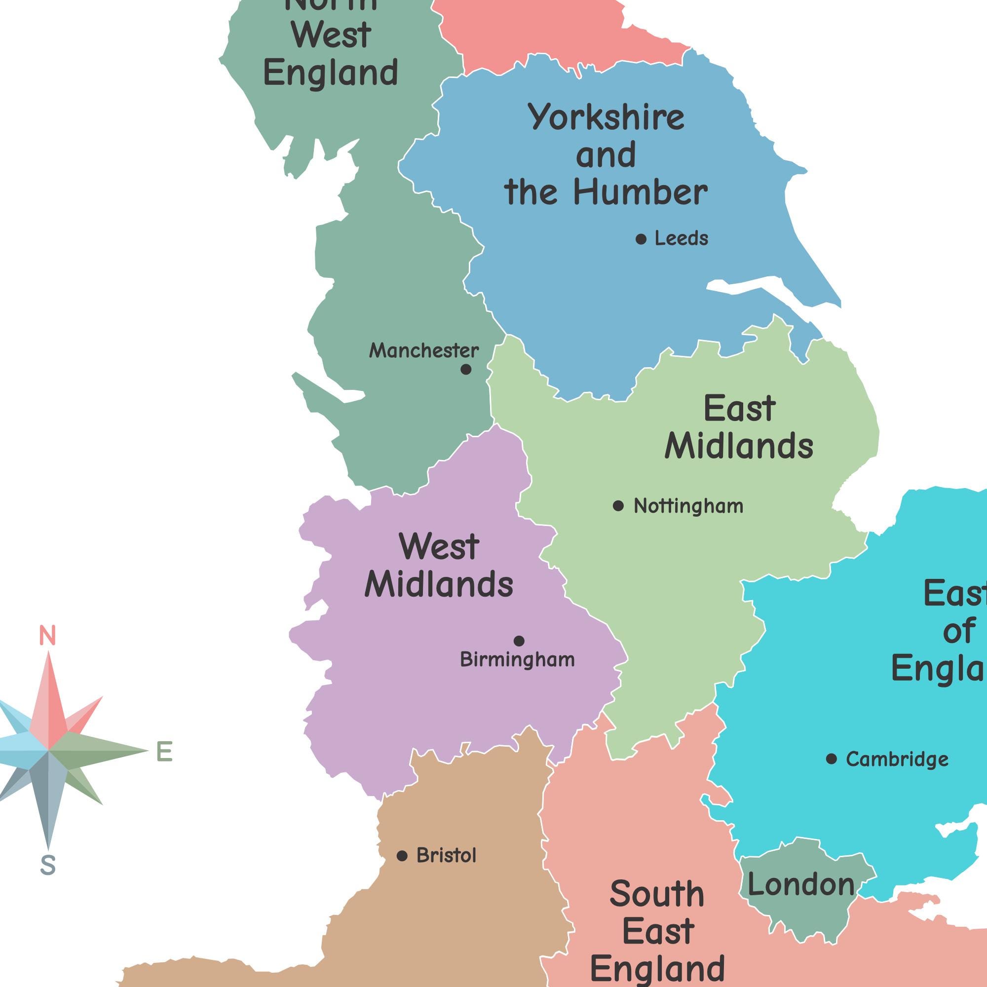 England Map With Regions and Major Cities, UK Geography Poster for Kids