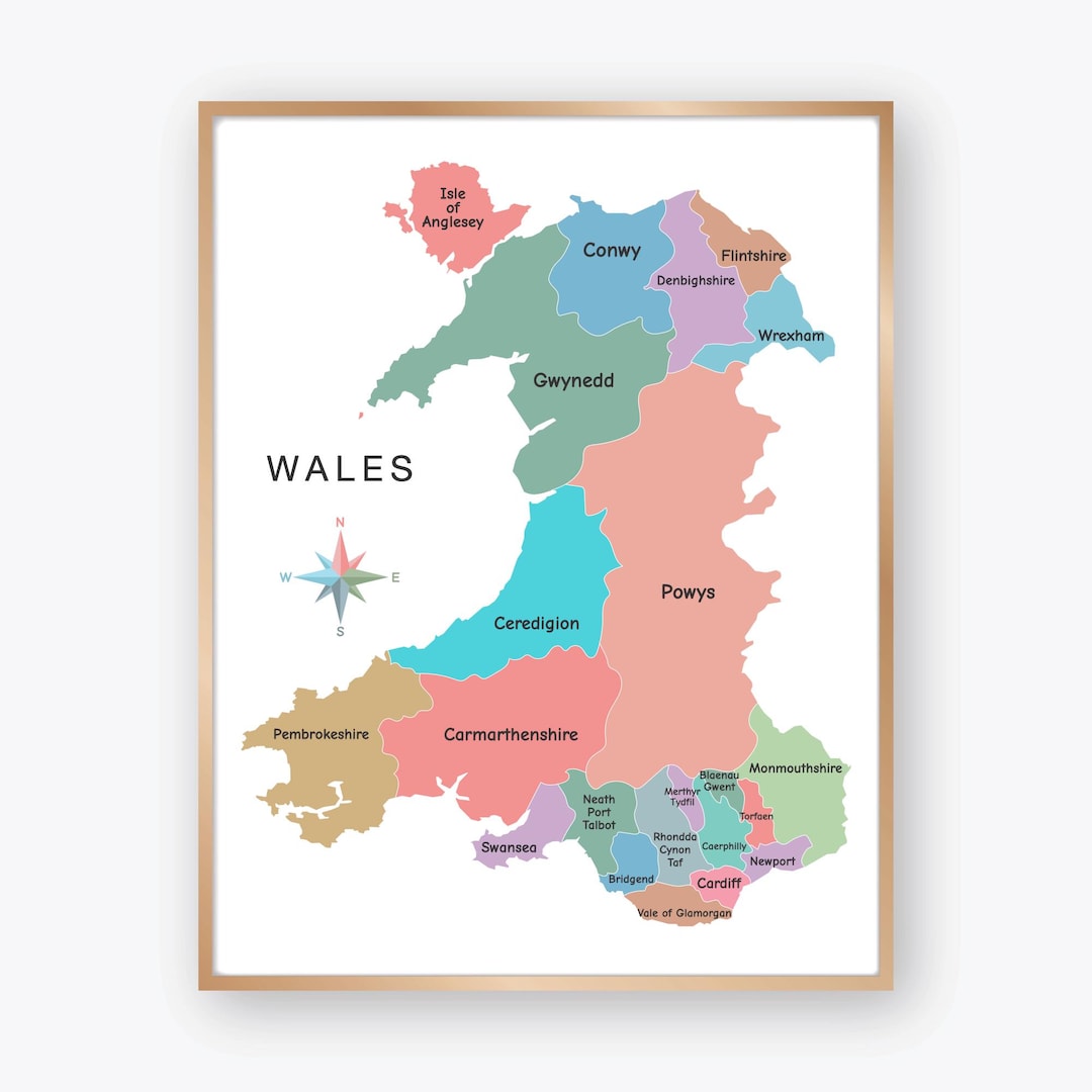 Map Awales Wales Map With Regions and Cities, UK Geography Poster for Kids ...