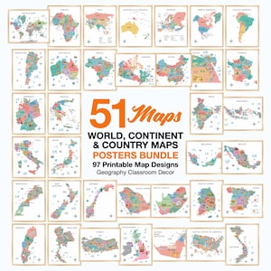 Paket med kartor över världen och landet, 51 kartämnen, 97 utskrivbara designer för geografiklassrum