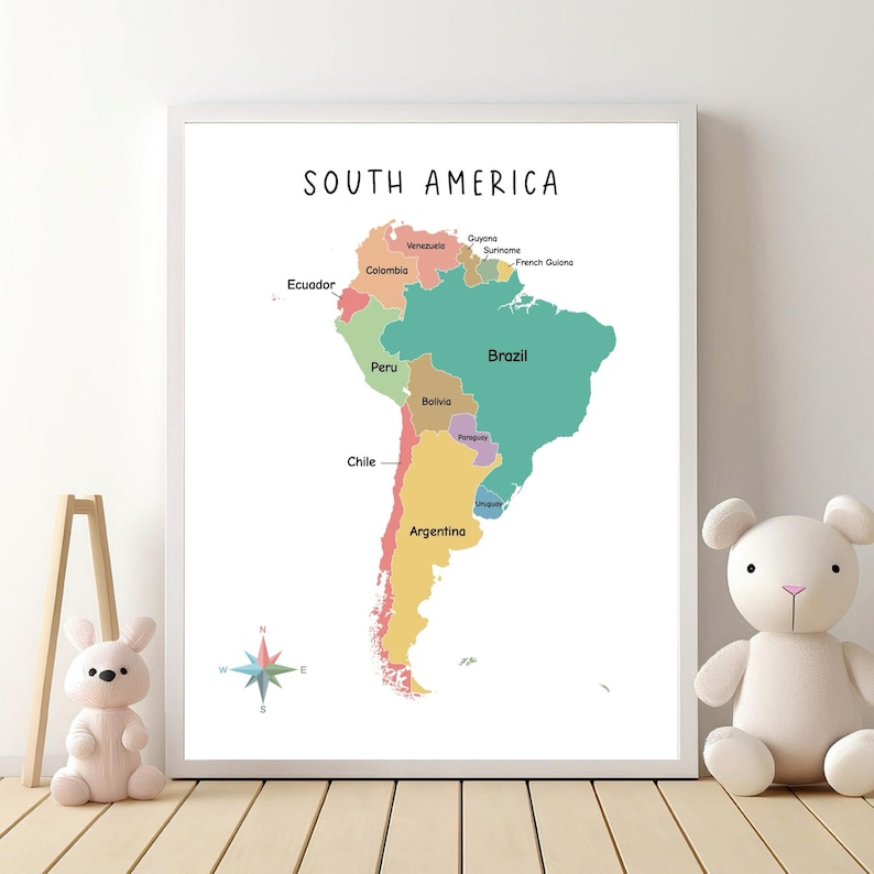 May include: A colorful map of South America with the countries labeled in black text. The map is on a white background and is framed in a white frame.