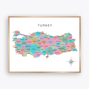 May include: A framed map of Turkey, featuring a colorful depiction of its provinces. The map is labeled "TURKEY" at the top and includes a compass rose in the lower right corner. The frame is a light brown color.