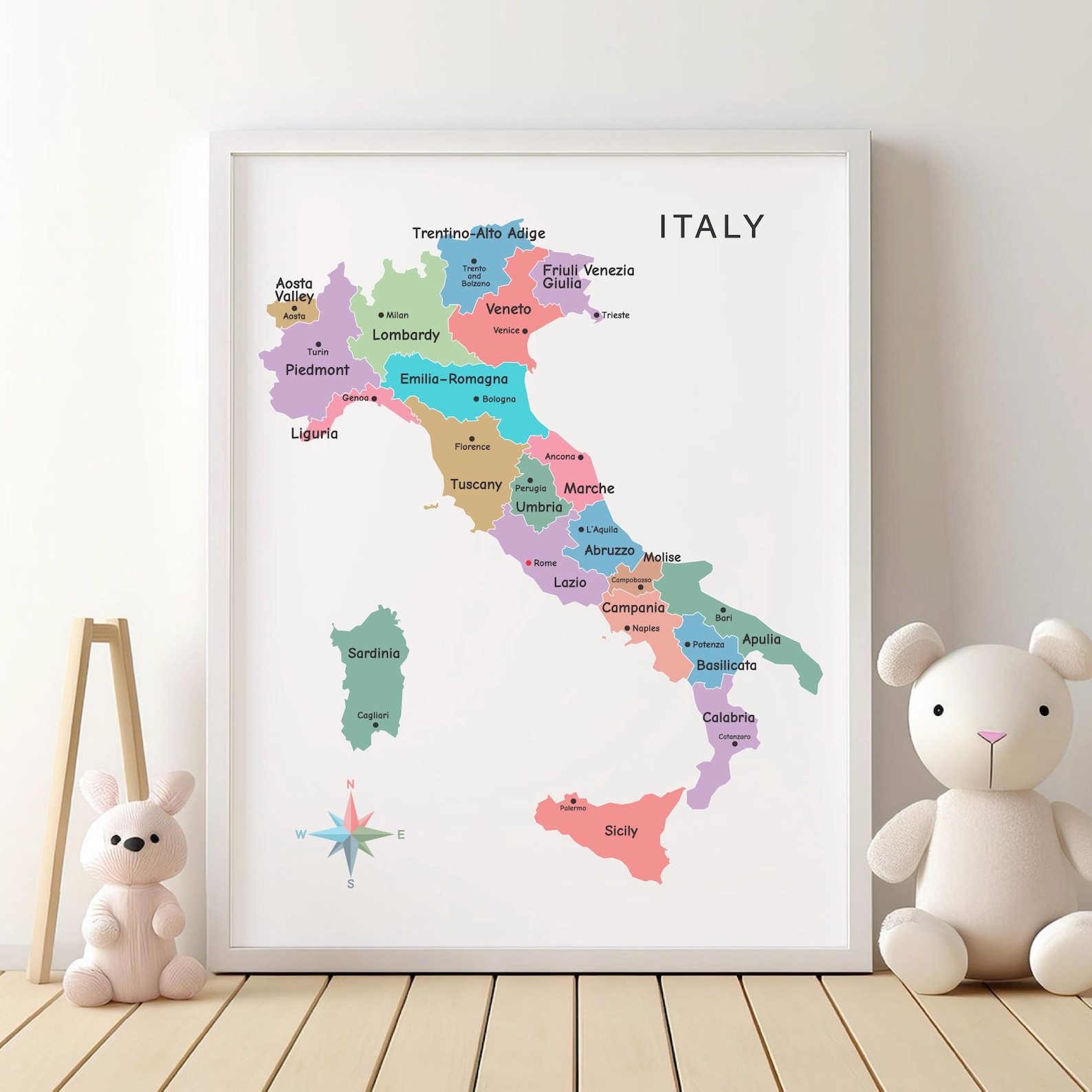 Italy Map With Regions and Capital Cities, Educational Geography Poster ...