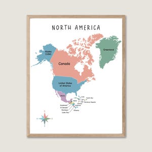 Póster con mapa de América del Norte, mapa digital de América del Norte a todo color con estados, mapa del mundo para pared, imprimibles para preescolar