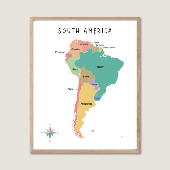 South America Map, Digital South America Map full color with states, South America Poster, Minimalist Map Print, South America Wall Art