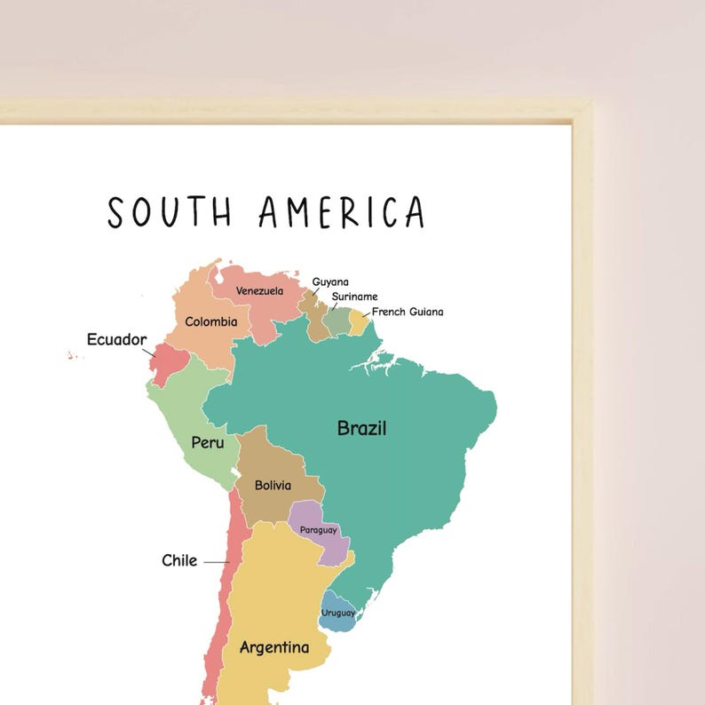 May include: A colorful map of South America with the countries labeled in black text. The map is on a white background.