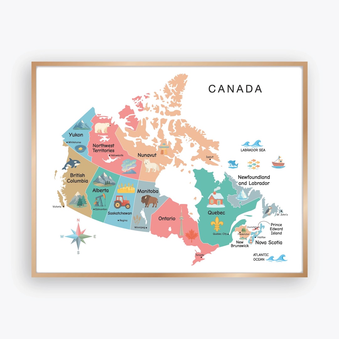 Canada Illustrated Map Poster With Provinces and Capitals, Colorful