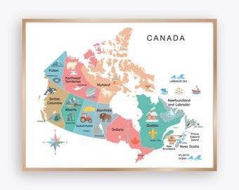 May include: A framed map of Canada, featuring each province and territory in a unique color. The map includes illustrations of local landmarks and symbols, with the country's name at the top. A compass rose is in the lower left corner.