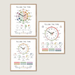 May include: Three framed educational posters with the text "TELLING THE TIME". Each poster features a colorful clock face with the numbers 1-12, and additional diagrams illustrating time increments. The frames are made of light brown wood.