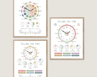 Póster de la hora, reloj arcoíris, decoración para el aula de matemáticas (descarga digital)