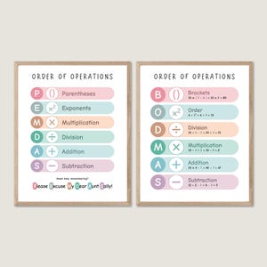 May include: Two colorful posters with the order of operations in math. The first poster has the acronym PEMDAS and the second poster has the acronym BODMAS. Both posters have examples of each operation.
