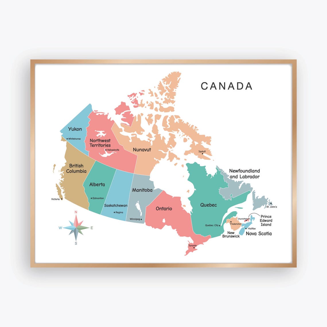 Canada Map Poster With Provinces and Capitals, Colorful Canada