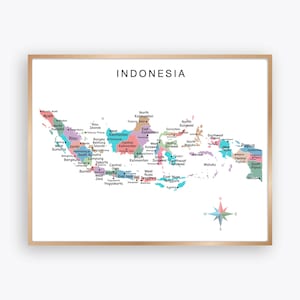 Affiche de carte politique de l'Indonésie avec les provinces et les capitales, carte du pays éducative colorée pour la décoration géographique de la salle de classe des enfants