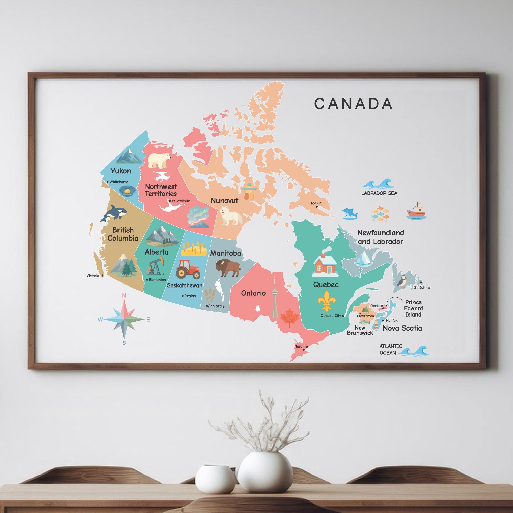 Canada Illustrated Map Poster With Provinces and Capitals, Colorful