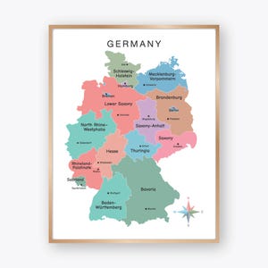 Germany Political Map Poster with Federal States and Major Cities, Colorful Bundesländer Map for Classroom Geography Decor