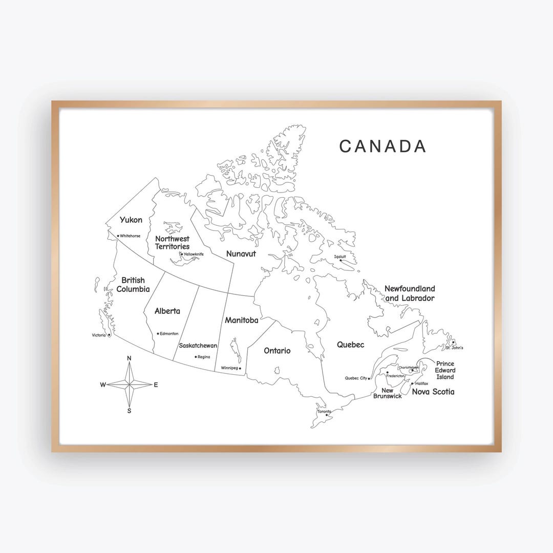 Canada Map Poster Black and White With Provinces, Territories and