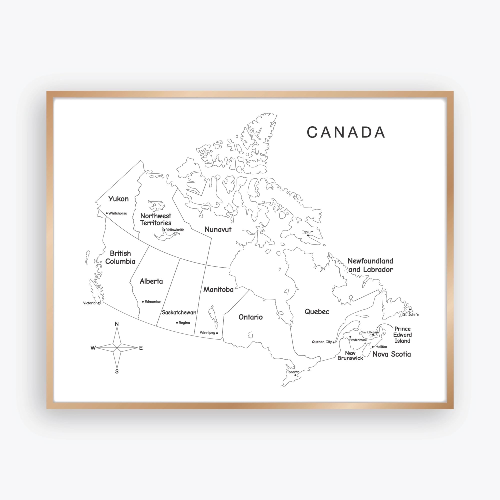 Canada Map Poster Black and White With Provinces, Territories and
