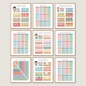 Könnte beinhalten: Satz von 8 bunten, druckbaren Postern mit Additions-, Subtraktions-, Multiplikations- und Divisionstabellen. Jedes Poster enthält eine Comicfigur und bunte Illustrationen.