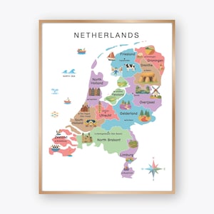 May include: A framed map of the Netherlands, featuring a colorful illustration of the country's provinces. The map includes the text "NETHERLANDS" at the top and various icons representing landmarks and geographical features. A compass rose is in the lower right corner.