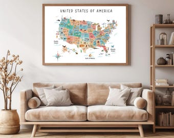 印刷可能なアメリカ合衆国地図、子供向けのアメリカ地図、旅行地図