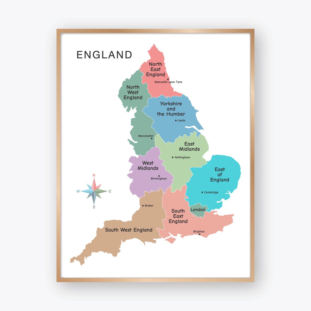 England Map With Regions and Major Cities, UK Geography Poster for Kids ...