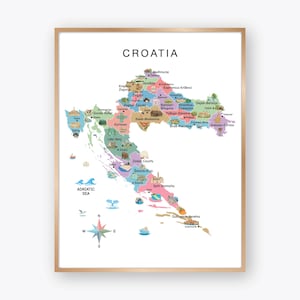 May include: A colorful illustrated map of Croatia featuring the text CROATIA at the top and ADRIATIC SEA near the coast. The map displays various regions in different pastel colors, each decorated with small icons of local landmarks and wildlife.