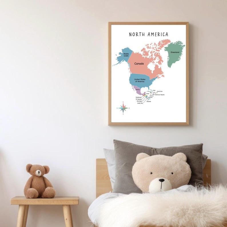North America Map Poster, Digital North America Map Full Color With
