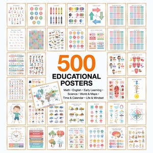 Może przedstawiać: Kolekcja 500 plakatów edukacyjnych z kolorowymi ilustracjami i tekstem obejmującym tematy takie jak alfabet, liczby, matematyka, nauka, geografia i anatomia człowieka, ułożonych w siatkę z napisem 500 EDUCATIONAL POSTERS na środku.