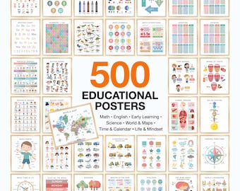 500 Educational Posters Bundle, Printable Classroom Decor, Kids Learning Posters, Homeschool Preschool Kindergarten, Digital Download