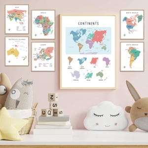 Póster de continentes, mapa de continentes de colores Montessori, arte mural para aulas de geografía, continentes y océanos, aprendizaje de continentes, mapa del mundo