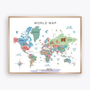 Weltkarte für Kinder mit Ländern und Illustrationen, Lernposter für Kinder, Kinderzimmer, Homeschool, lustige Geographie-Wandkunst