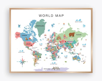 World Map for Kids with Countries and Illustrations, Educational World Map Poster for Classroom Homeschool, Fun Geography Wall Art