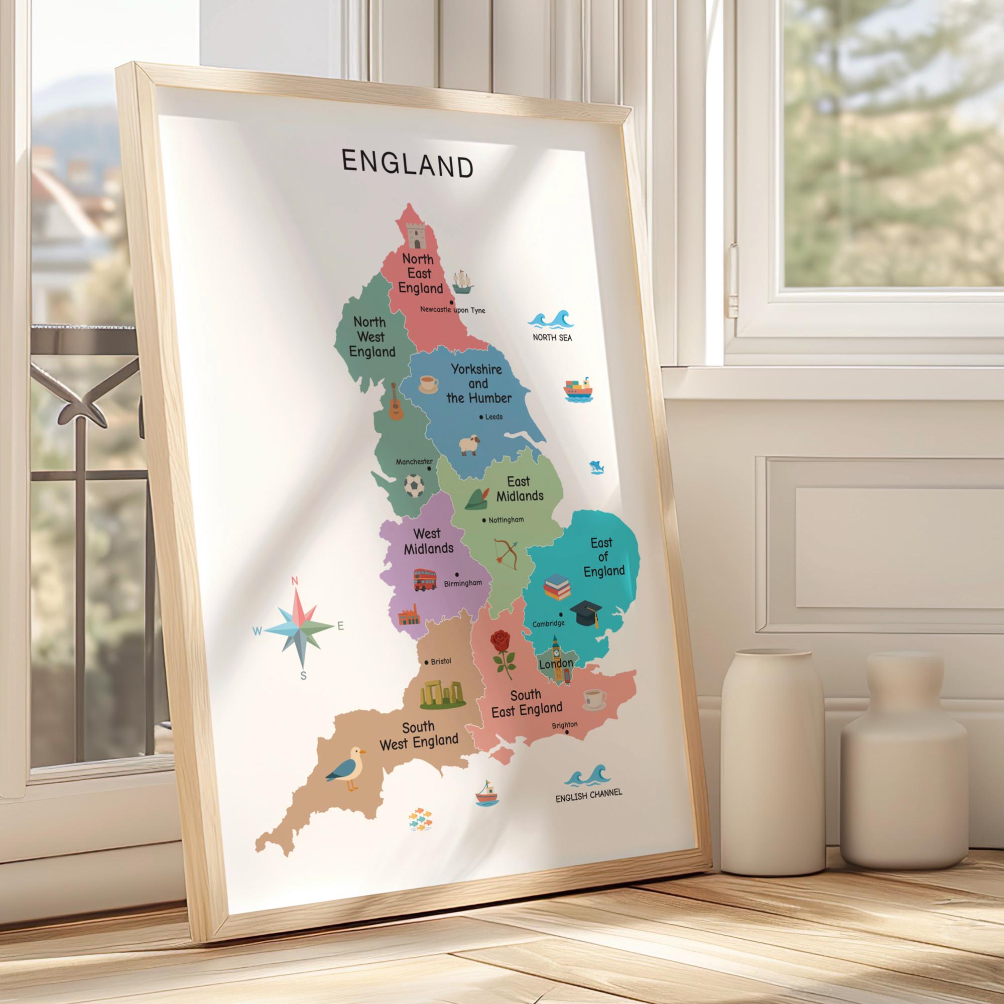 England Illustrated Map for Kids With Regions and Cities, UK Geography