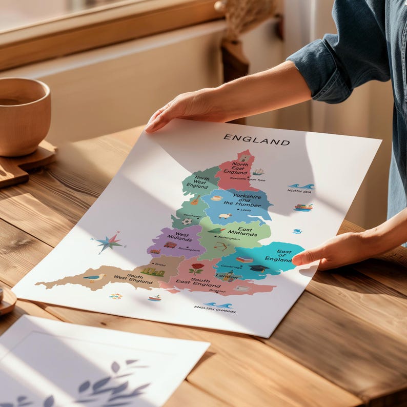 England Illustrated Map for Kids With Regions and Cities, UK Geography