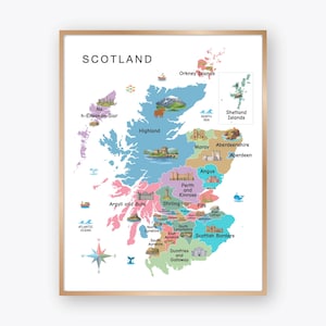 May include: A framed map of Scotland, featuring a colorful illustration of the country's regions. The map includes the names of cities and regions, with illustrations of landmarks and symbols. The frame is a light brown color.