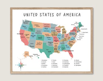 Póster educativo con mapa de Estados Unidos, impresión con colores del arcoíris, geografía estadounidense imprimible para educación en casa, arte mural educativo para niños.