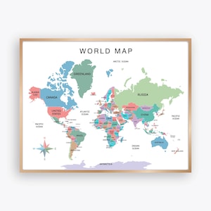 World Map with Countries Labeled, Detailed World Geography Poster for Classroom Homeschool, Educational Printable Map for Large Format Print