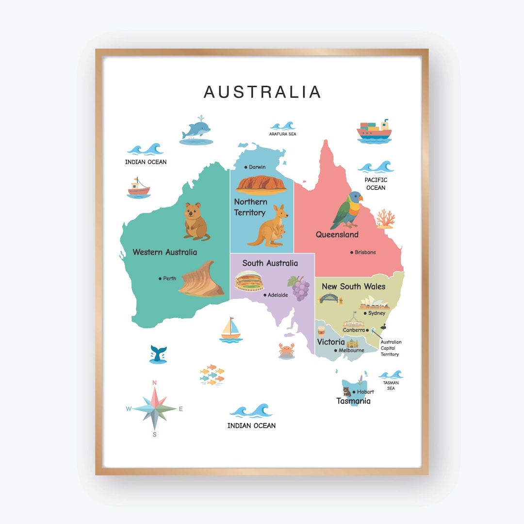 Australia Illustrated Map Printable With States and Capitals Colorful ...