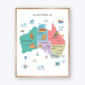 Australië geïllustreerde kaart afdrukbaar met staten en hoofdsteden kleurrijke geografie poster voor kinderen klaslokaal muurkunst digitale download